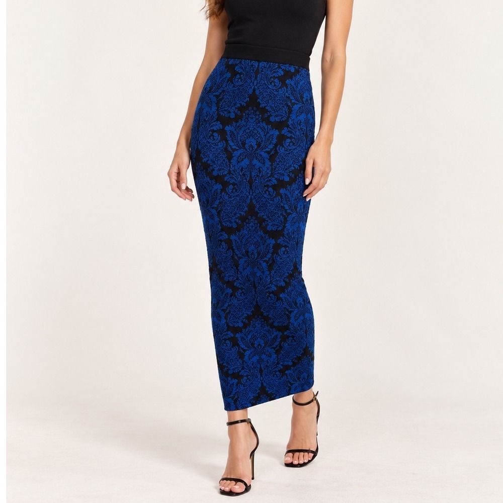 Torn by Ronny Kobo Blue Black Damask Knit Maxi Skirt Small Bodycon